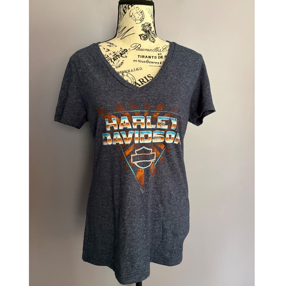 Harley Davidson Mobile Bay Alabama‎ V-Neck Graphic T-Shirt Blue Medium women